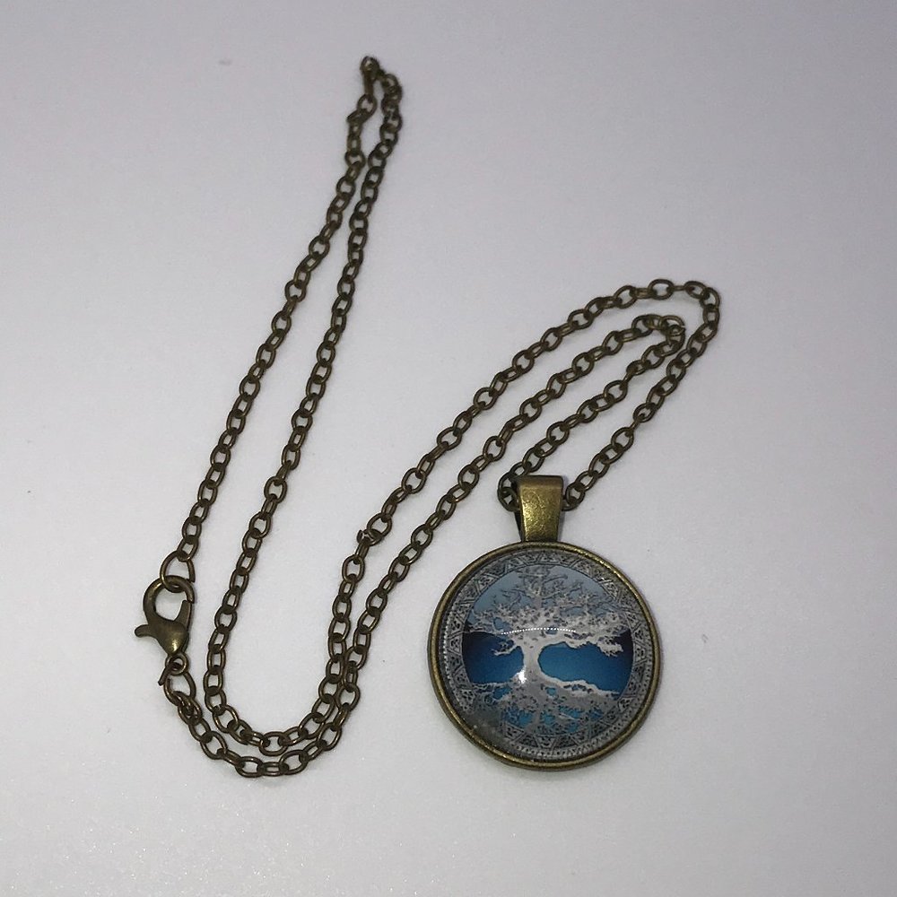 18" Blue Tree and Reflection Brass Necklace